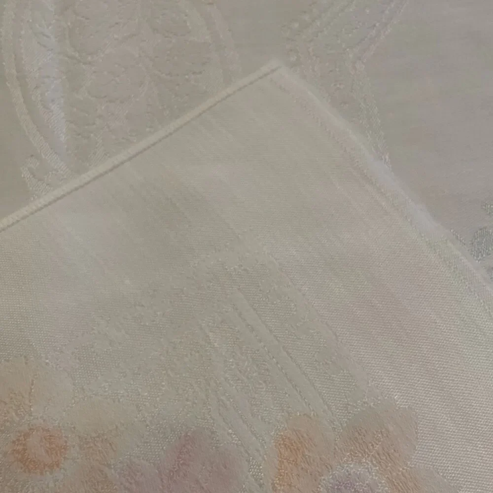 Vintage White Damask w/ Pink Blue Peach Green Floral Tablecloth 51”x47” Cottage